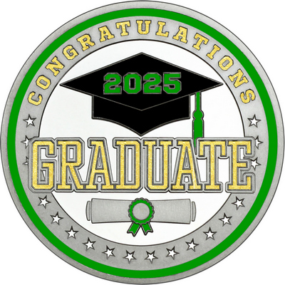Gold "Congratulations Graduate" with Green 2025, Rim, Tassel & Ribbon